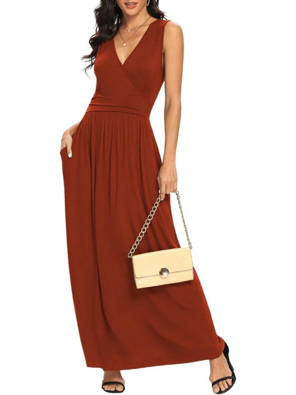 Lilbetter Women's Caramel Sleeveless Neck Loose Plain Long Maxi Casual Dress